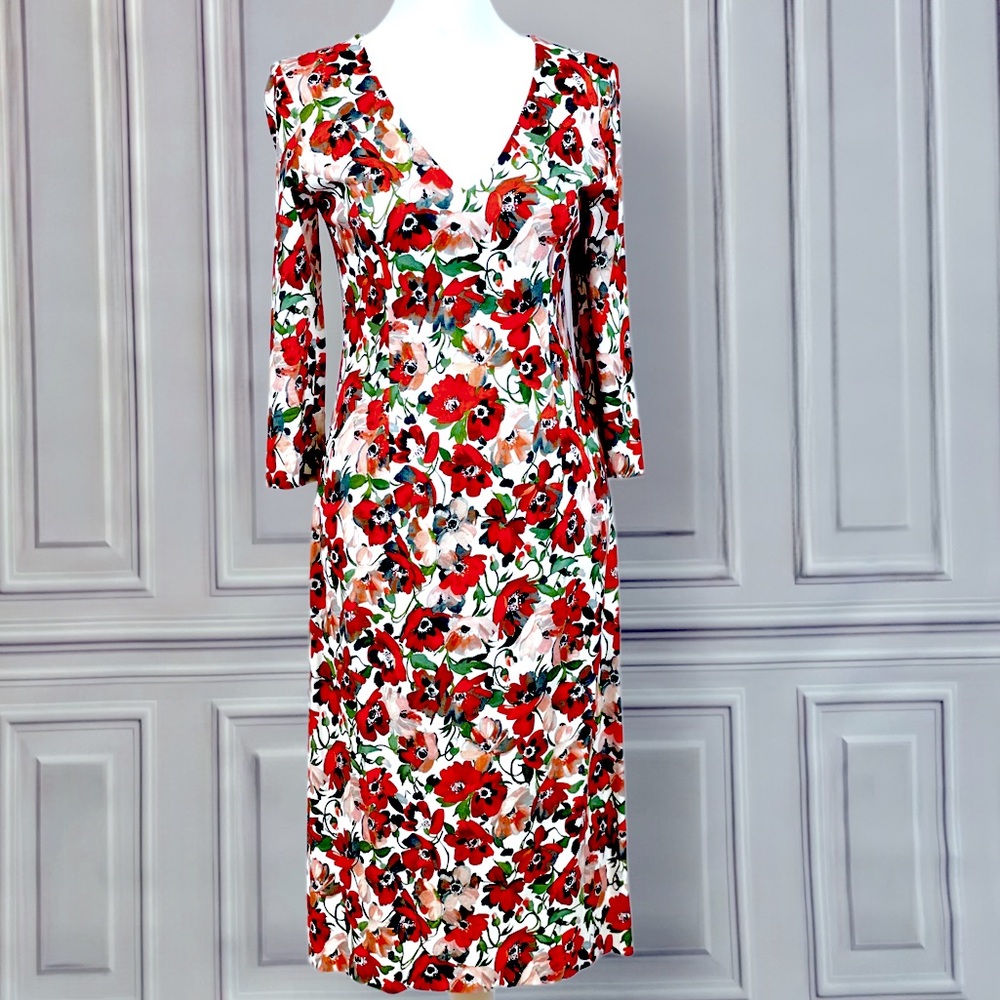 GOAT - Orange Floral Printed Long Sleeve V-cut Dress